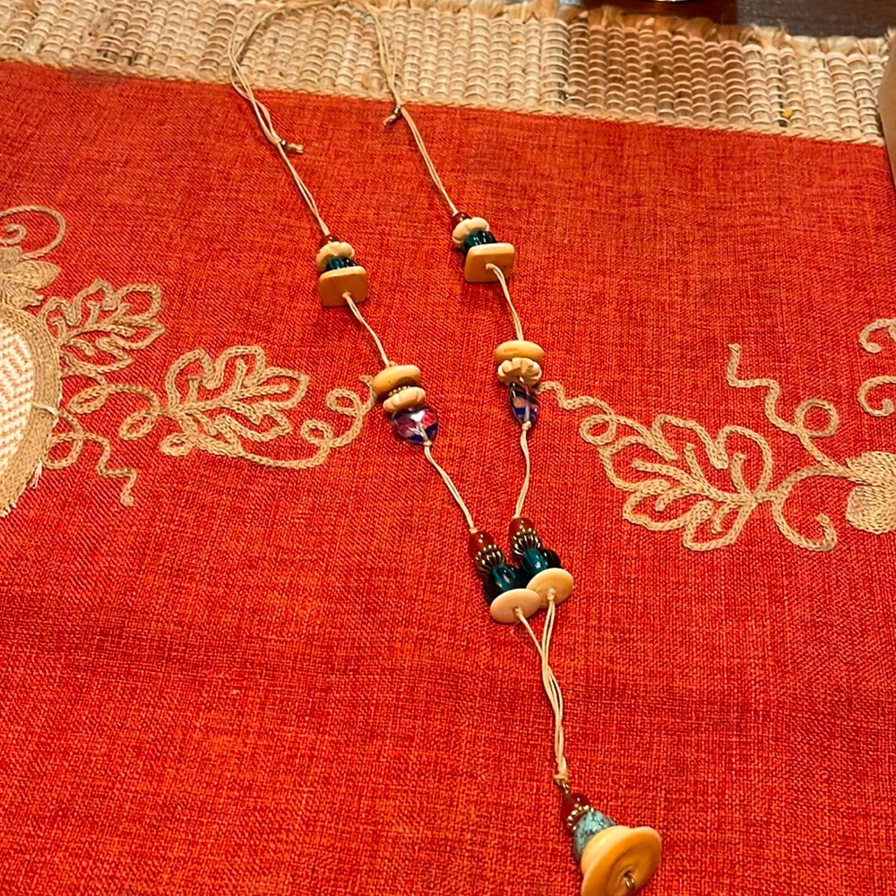 Vintage-wooden,turquoise, beaded, rope necklace. Adjustable
